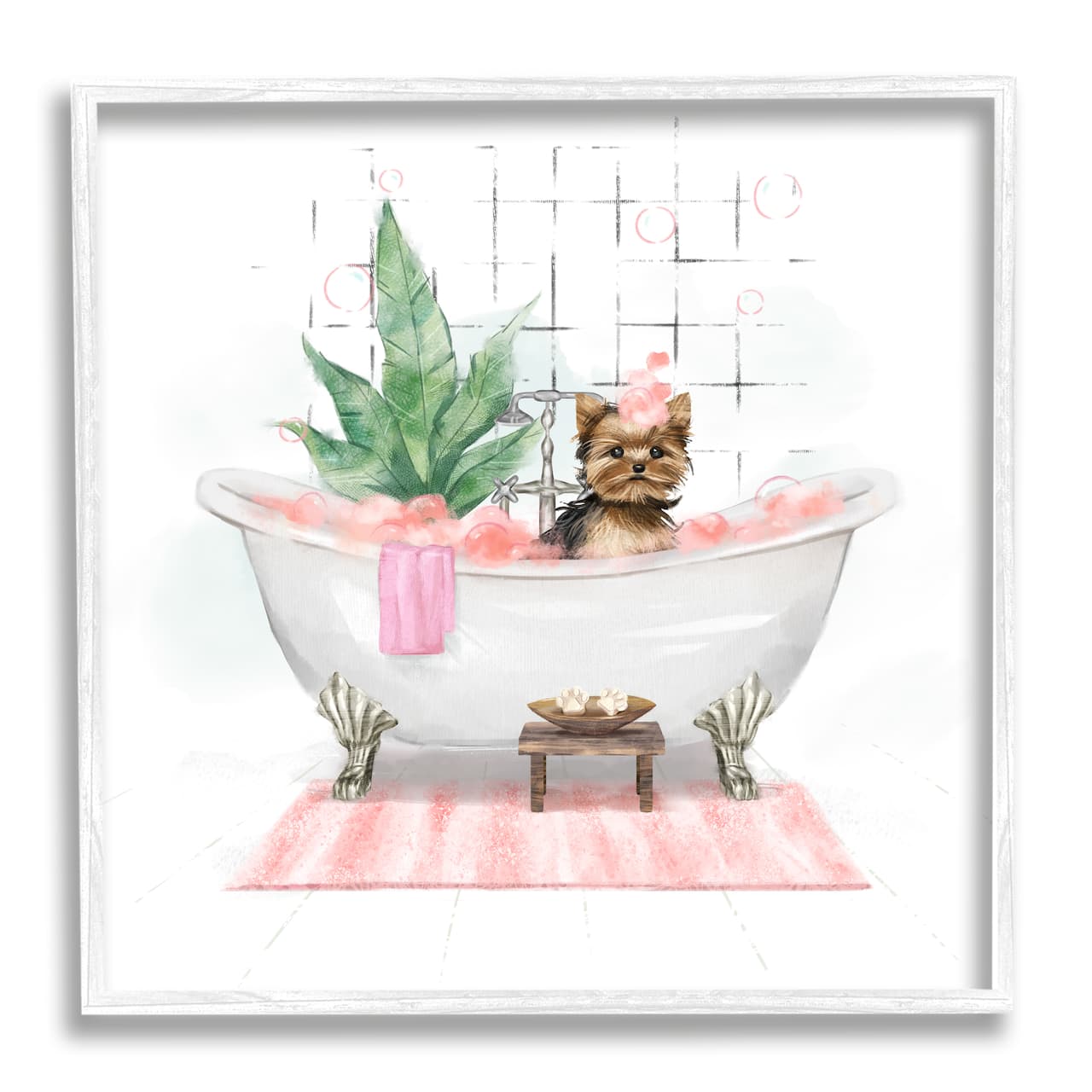 Stupell Industries Chic Yorkie Dog in Pink Bubble Bath Framed Wall Art